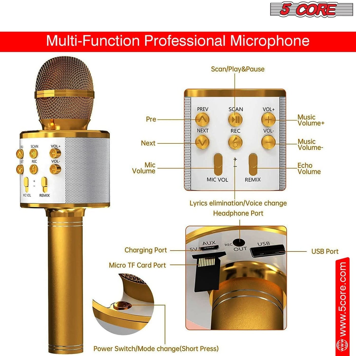 5Core Wireless Karaoke Microphone Bluetooth Mic Portable Handheld Microfonos Inalambricos GOLD-2