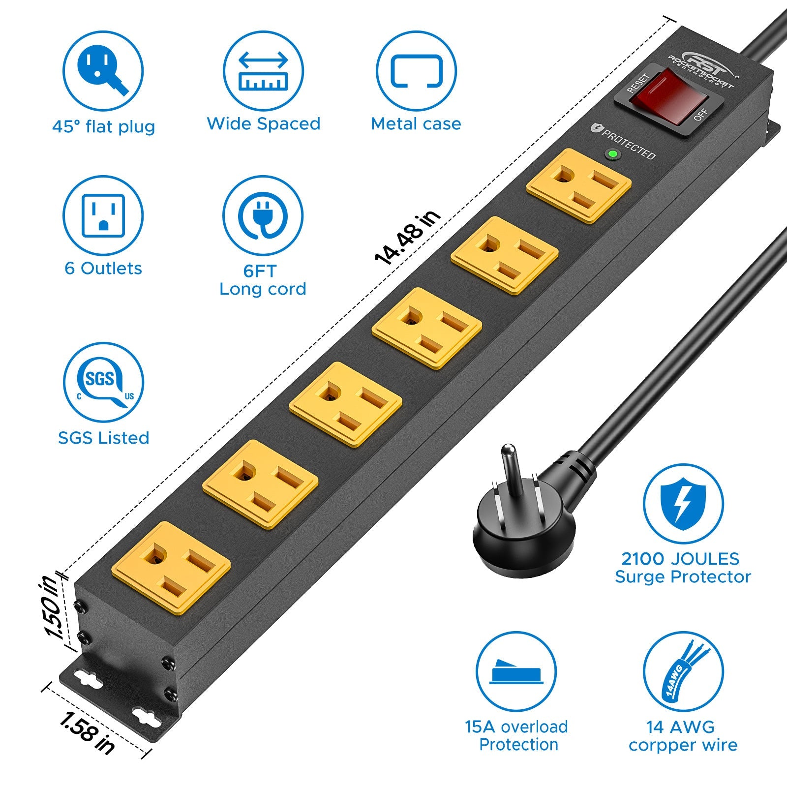 CRST 6 Outlets Wide Spaced Mountable Metal Power Strip Surge Protector, 6FT Flat Plug Power Cord, Mounting Kits Included-2