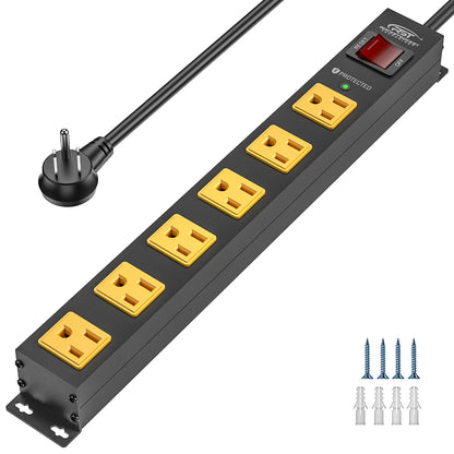 CRST 6 Outlets Wide Spaced Mountable Metal Power Strip Surge Protector, 6FT Flat Plug Power Cord, Mounting Kits Included-0