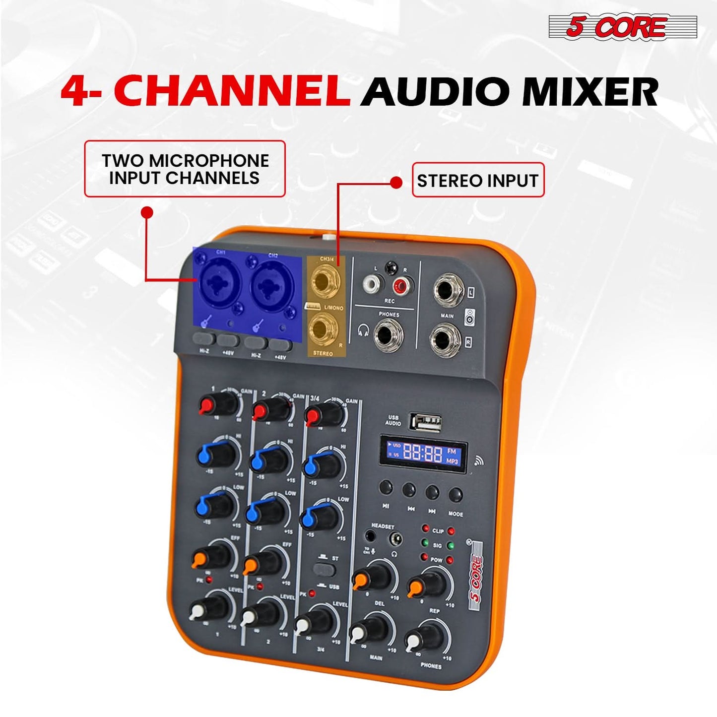 5 Core Audio Mixer 4 Channel DJ Equipment with Bluetooth USB Sound Board Console-1