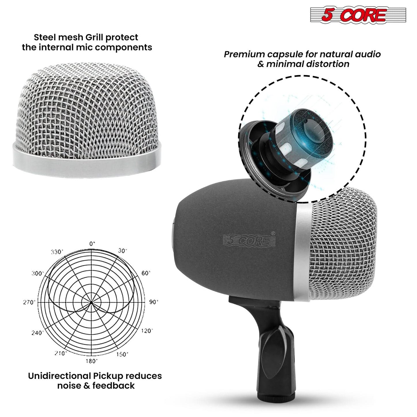 5 Core Kick Drum Microphone Cardioid Dynamic Bass Mic Swivel Adjustable Durable Steel Mesh Grille-1