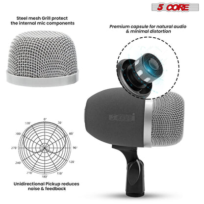 5 Core Kick Drum Microphone Cardioid Dynamic Bass Mic Swivel Adjustable Durable Steel Mesh Grille-1