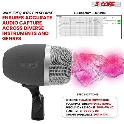 5 Core Kick Drum Microphone Cardioid Dynamic Bass Mic Swivel Adjustable Durable Steel Mesh Grille-2