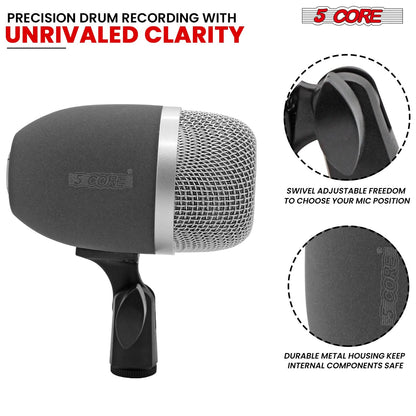 5 Core Kick Drum Microphone Cardioid Dynamic Bass Mic Swivel Adjustable Durable Steel Mesh Grille-3