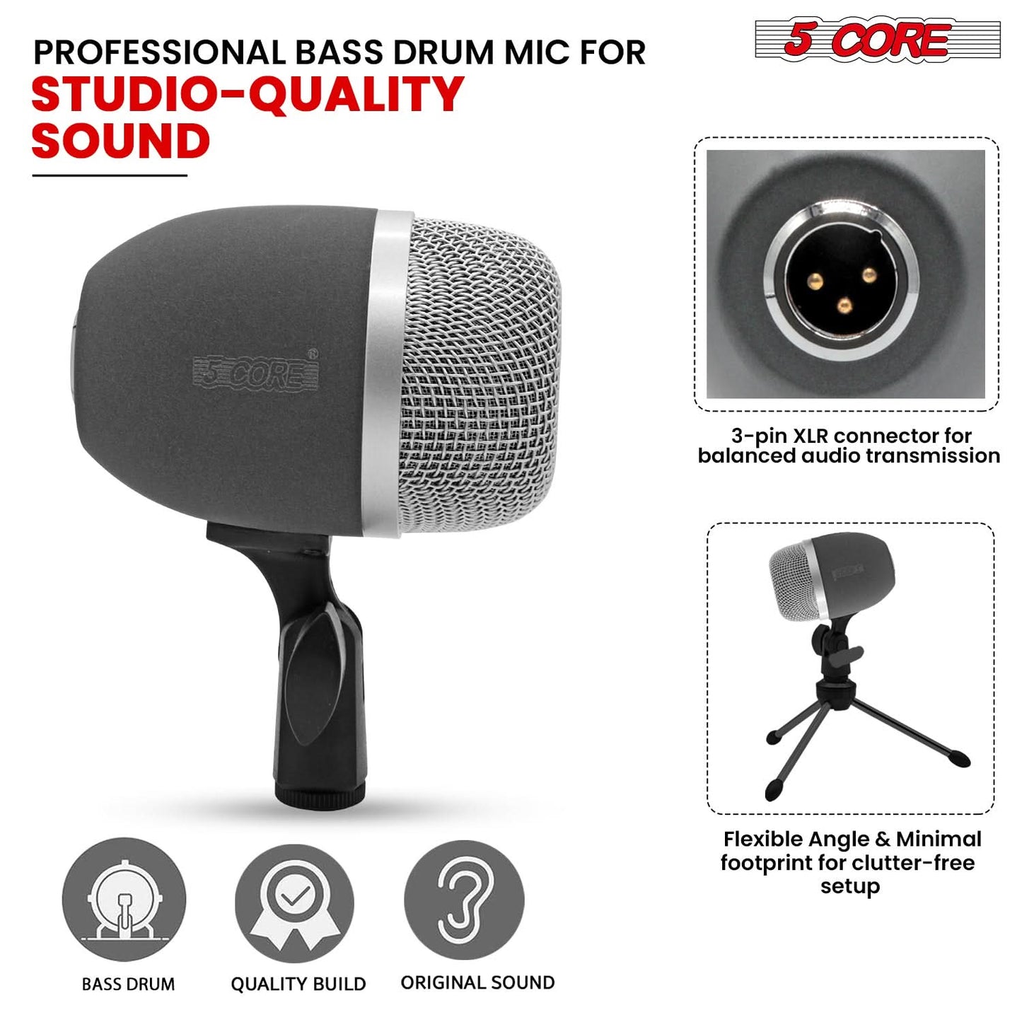 5 Core Kick Drum Microphone Cardioid Dynamic Bass Mic Swivel Adjustable Durable Steel Mesh Grille-4