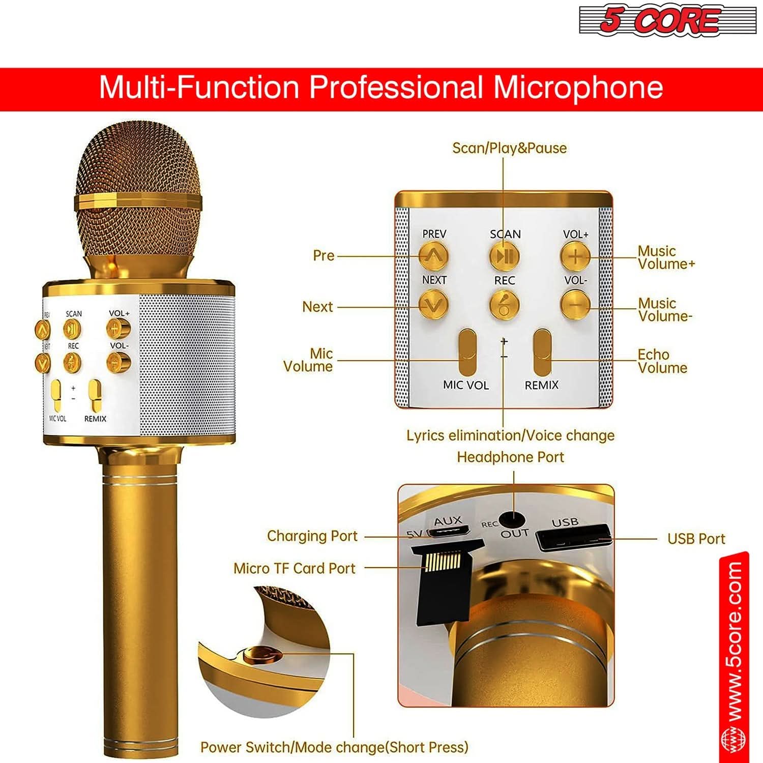 5Core Wireless Karaoke Microphone Bluetooth Mic Portable Handheld Microfonos Inalambricos GOLD-2