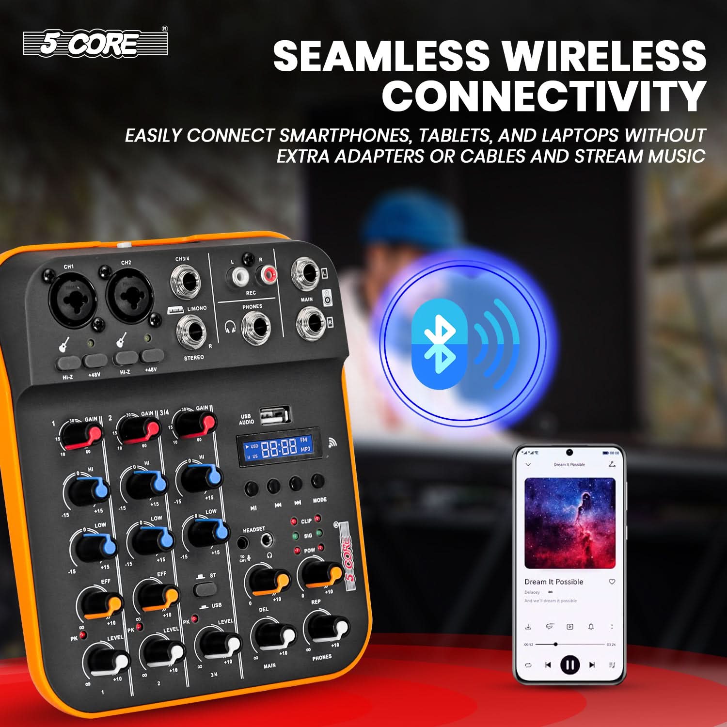 5 Core Audio Mixer 4 Channel DJ Equipment with Bluetooth USB Sound Board Console-2