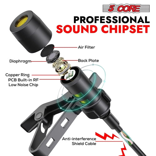 5 Core Professional Omnidirectional Lavalier Microphone 3.5mm Clip-On